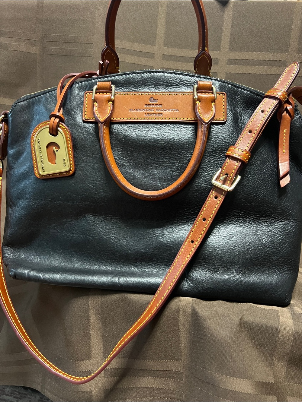 Dooney & Bourke Florentine Vachetta Leather Domed Satchel Bag - Black / Tan